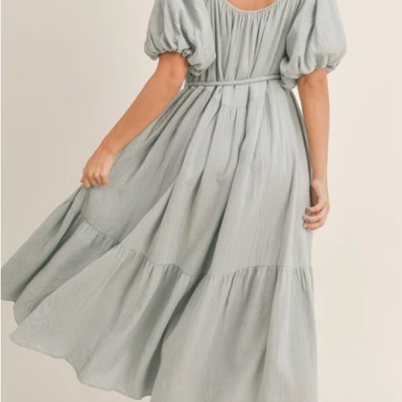 Cotton gauze baby blue puff sleeve tiered dress - Picture 3 of 6